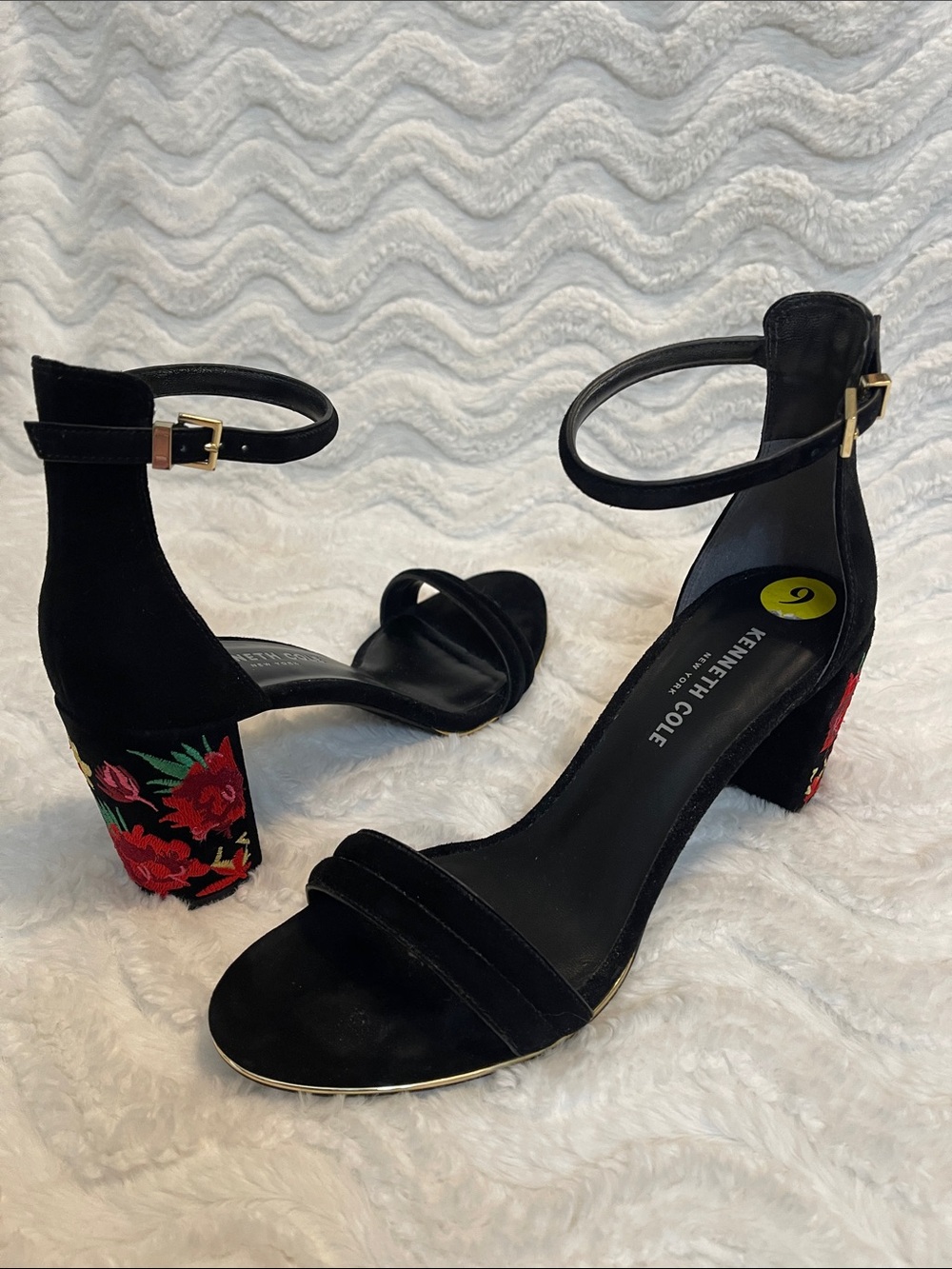 Kenneth Cole Black Suede Ankle-Strap Heels with Floral Embroidery